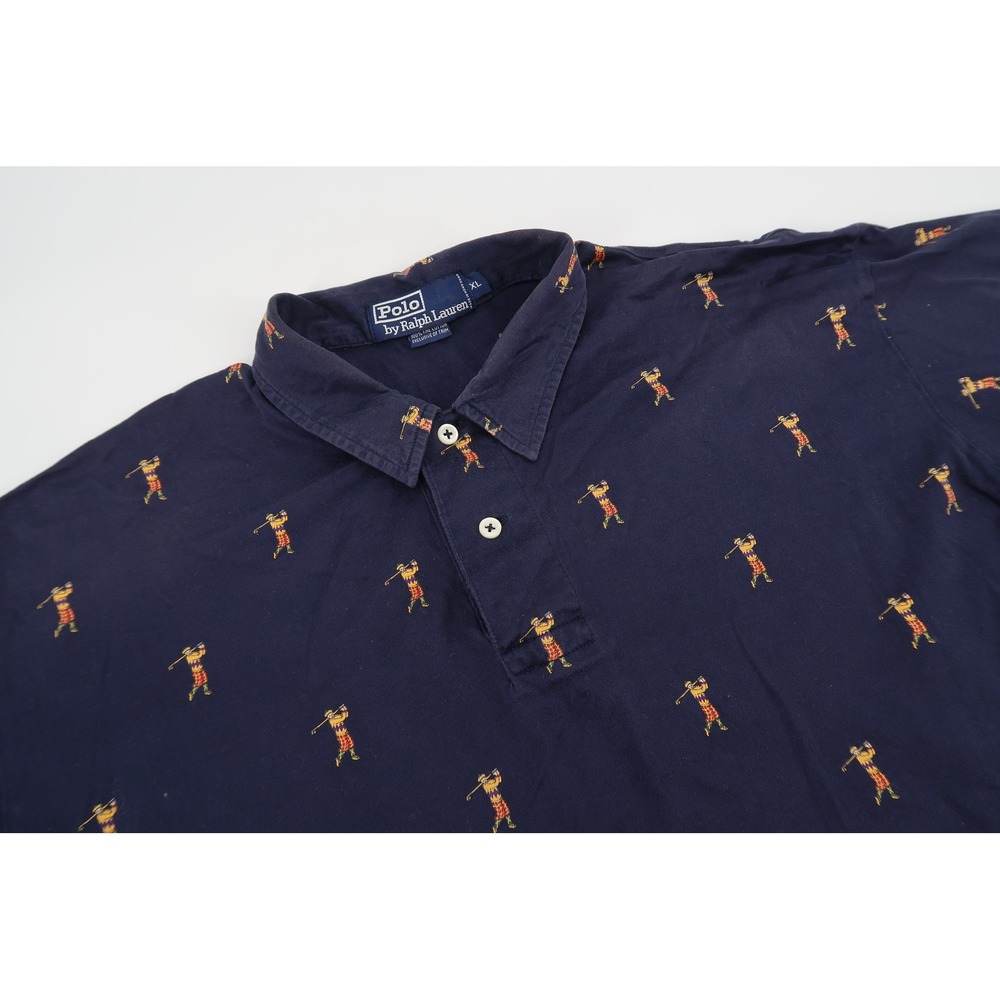 Vintage Polo Ralph Lauren Golf Shirt Mens XL Navy All Over Golfer Print Golf - Picture 1 of 9